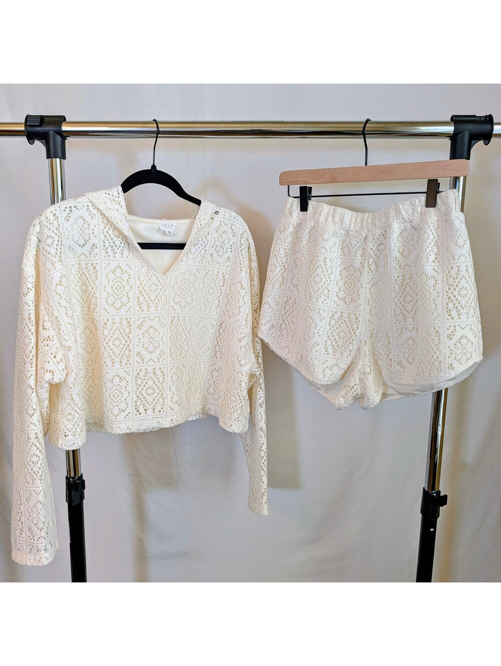 Le Lis Collection Cream Crochet Matching Two Piece Hoodie Set Boho M